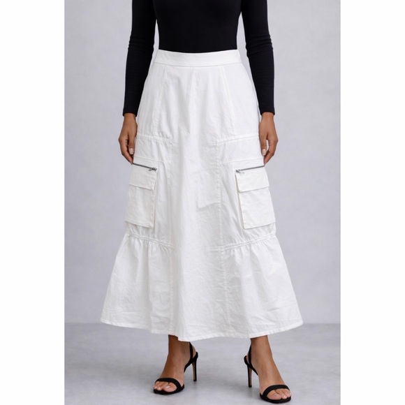DROIT BELLO • White Cargo Style High-Waisted A-Line Maxi Skirt S